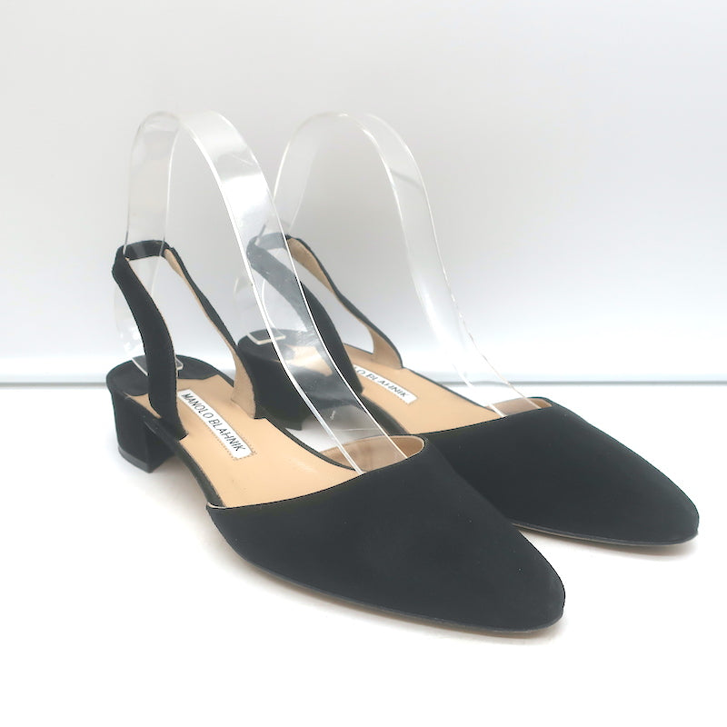 Manolo Blahnik Aspro Low-Heel Slingback Pumps Black Suede Size 35