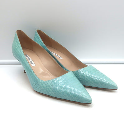 Manolo Blahnik BB 100 Snakeskin Pointed Toe Pumps Aqua Size 40