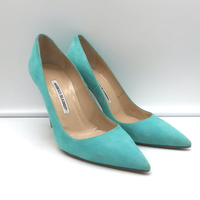 Manolo Blahnik BB 105 Pumps Aqua Suede Size 38.5 Pointed Toe Heels