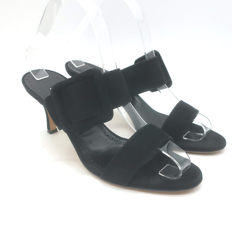 Manolo Blahnik Gable Two-Band Buckle Mules Black