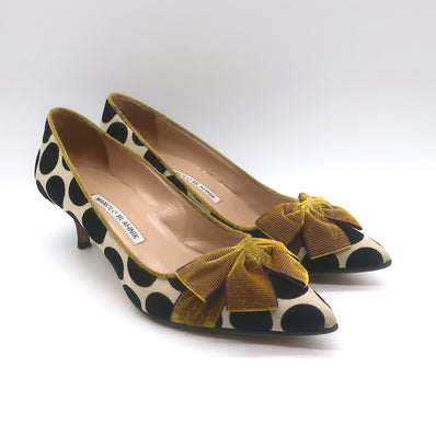 Manolo Blahnik Gorina Velvet Polka Dot Bow Pumps