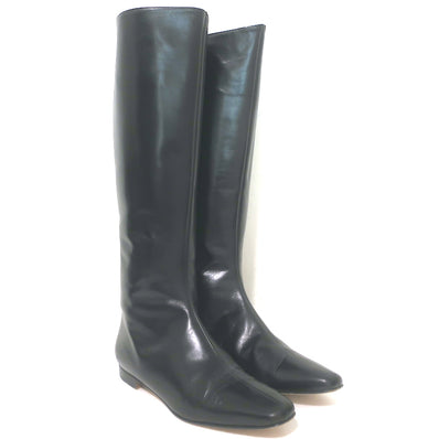 Manolo Blahnik Knee High Flat Boots Black Leather Size 37