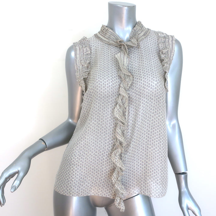 Marc Jacobs Sleeveless Ruffled Button-Up Top Cream Printed Silk Size 8
