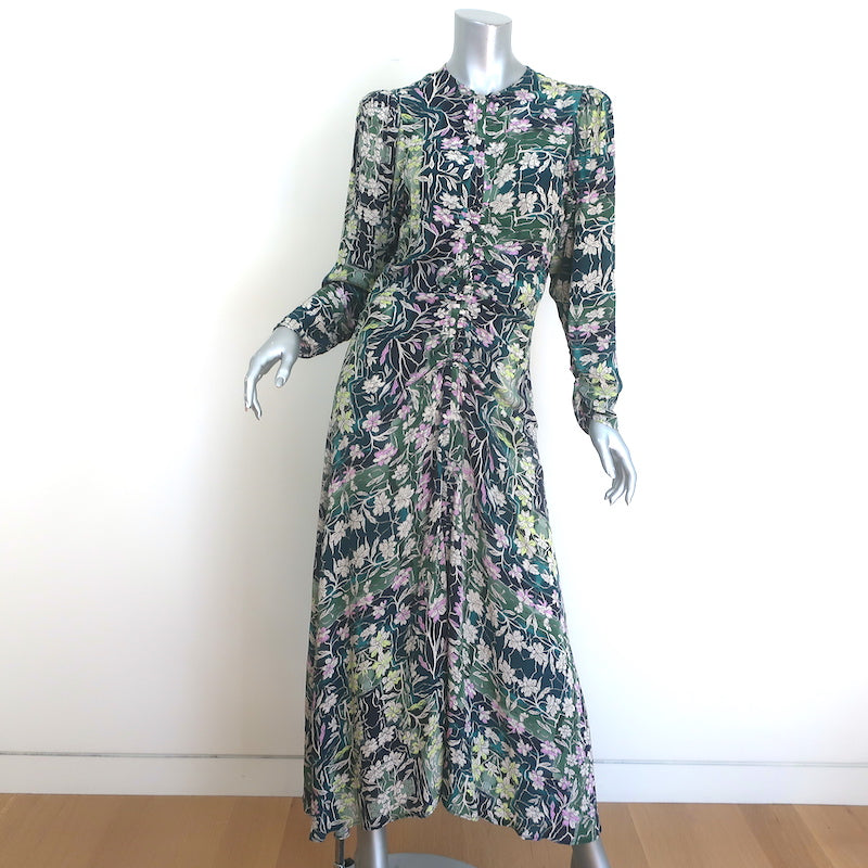 Maria Cher Ruched Long Sleeve Midi Dress Green Floral Print Crepe Size Medium