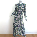 Maria Cher Ruched Long Sleeve Midi Dress Green Floral Print Crepe Size Medium