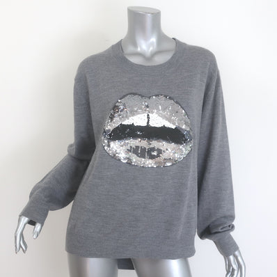Markus Lupfer Sequin Lips Sweater Gray Merino Wool Size Medium Crewneck Pullover