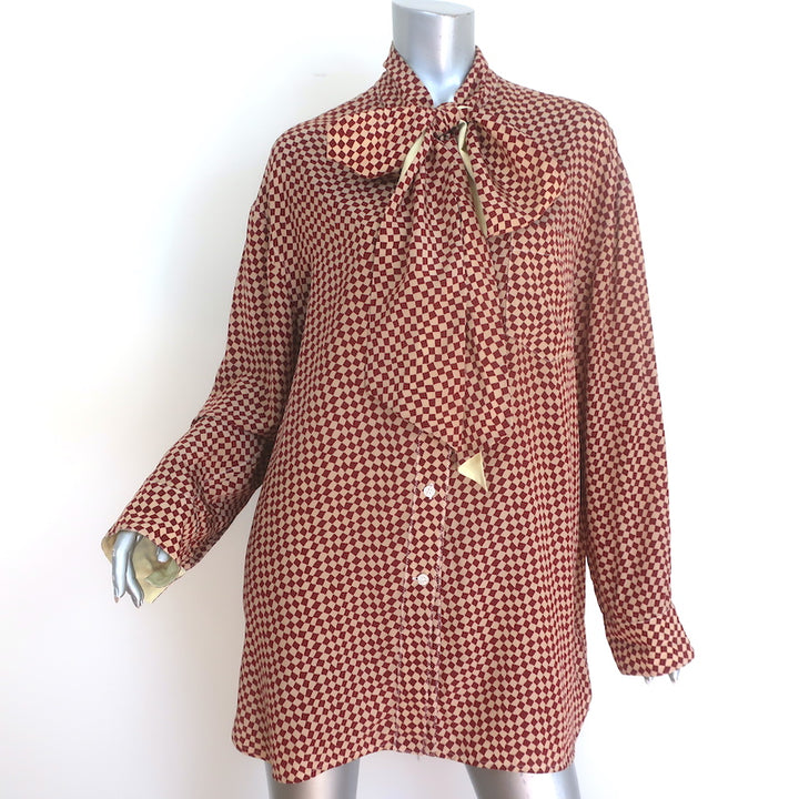 Marni Checkered Pussy Bow Blouse Burgundy &amp; Beige Silk Size 42 Long Sleeve Top