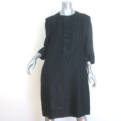 Marni Pleated Ruffle-Front Shift Dress Black Satin Size 46