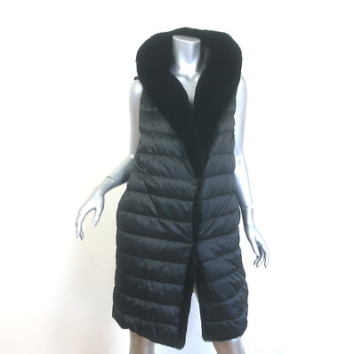 Max Mara The Cube Reversible Fur-Trimmed Hooded Down Puffer Vest Black Size 6