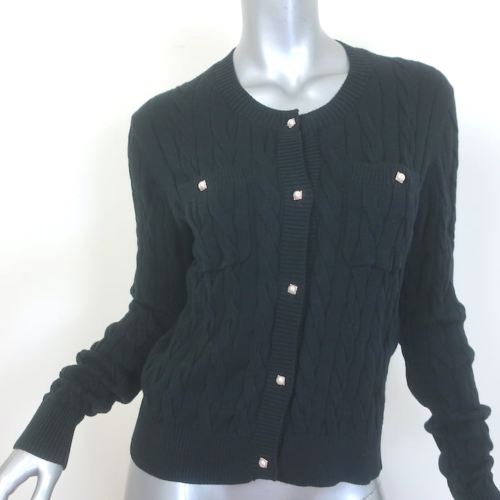Minnie Rose Faux Pearl-Button Cable Knit Cardigan 