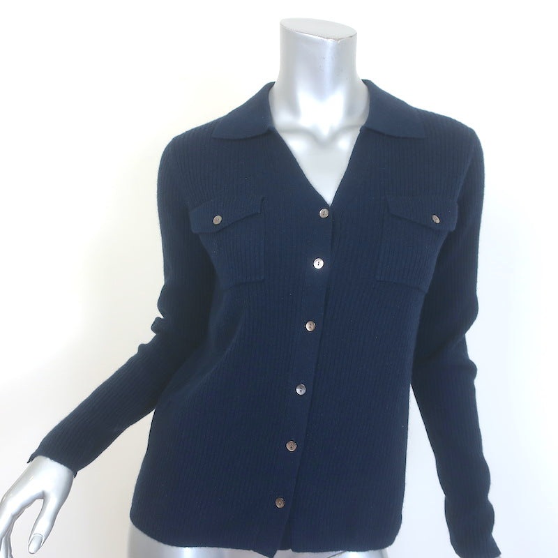 Minnie Rose Ribbed Cashmere Collared Cardigan Navy 