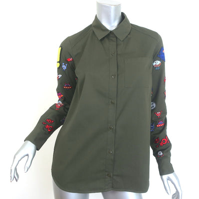 Mira Mikati Embroidered Button Down Shirt Olive Cotton Size US 4 Long Sleeve Top
