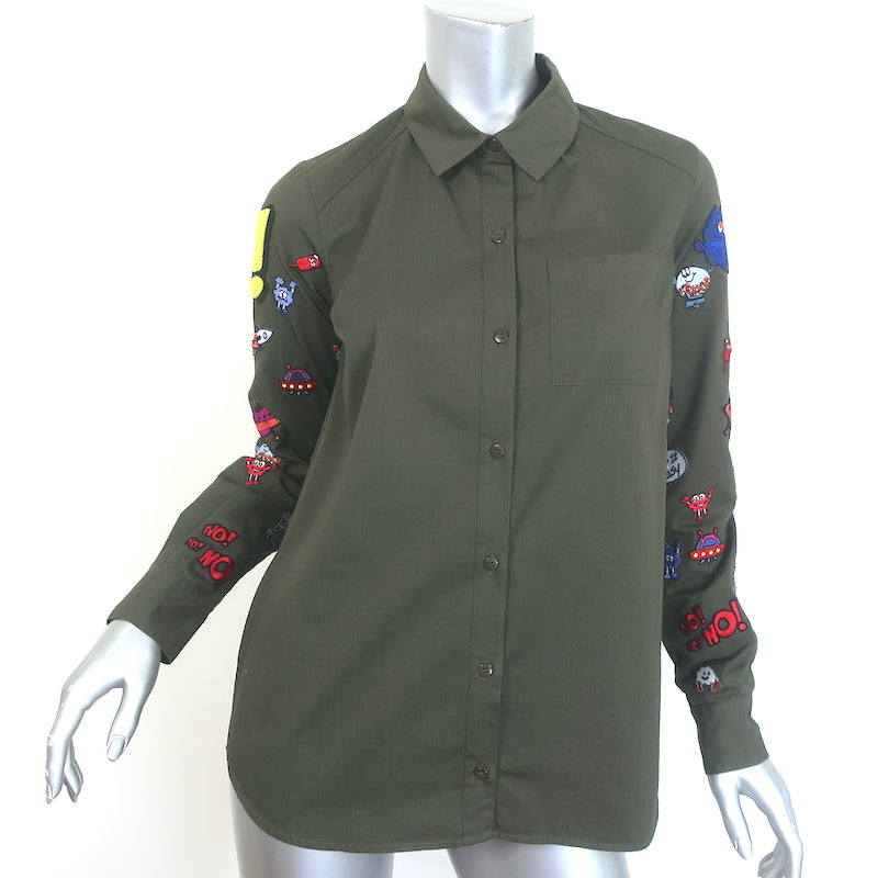Mira Mikati Embroidered Button Down Shirt Olive Cotton Size US 4 Long Sleeve Top