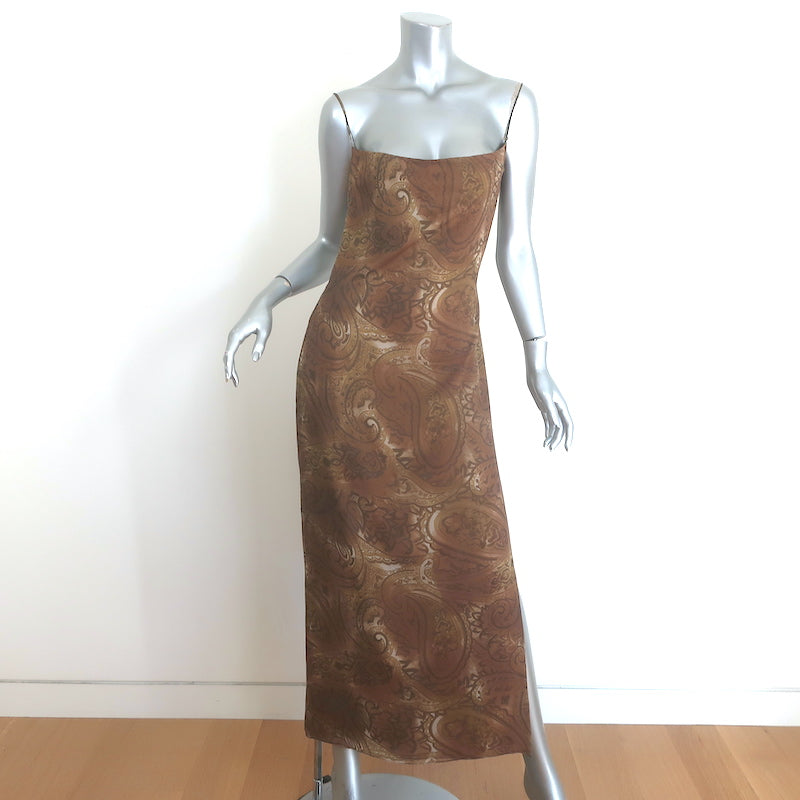 Mirror Palais S&M Lace-Up Back Maxi Dress Brown Paisley Silk Size Large NEW