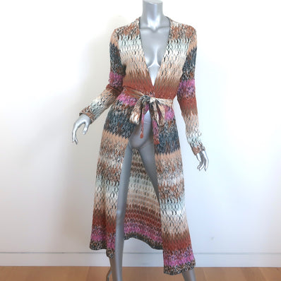 Missoni Belted Long Cardigan Beige/Multicolor Chevron Knit Wool-Blend Size 44