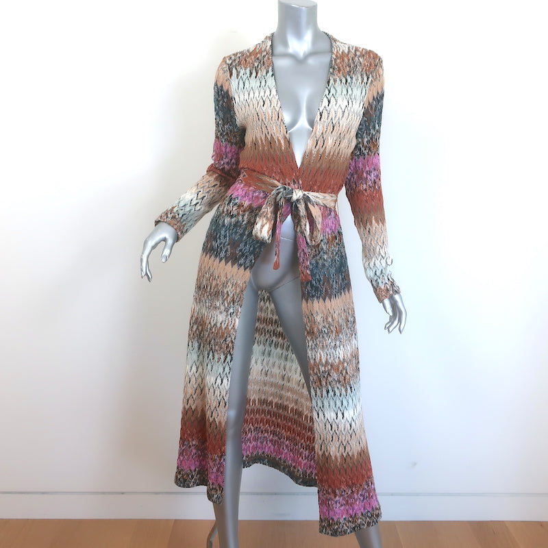 Missoni Belted Long Cardigan Beige/Multicolor Chevron Knit Wool-Blend Size 44