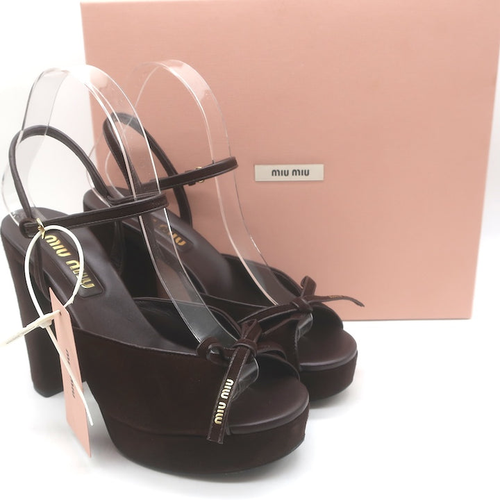 Miu Miu Bow Platform Ankle Strap Sandals Dark Brown 