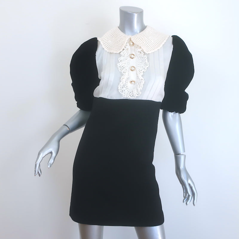 Authentic pre-owned Miu Miu black and white cady mini dress with crochet collar and puff sleeves