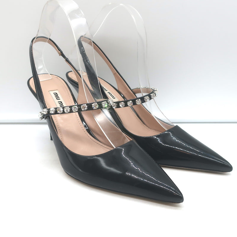 Miu Miu Crystal-Strap Pumps Black Patent Leather Size 37.5 Pointed Toe Heels