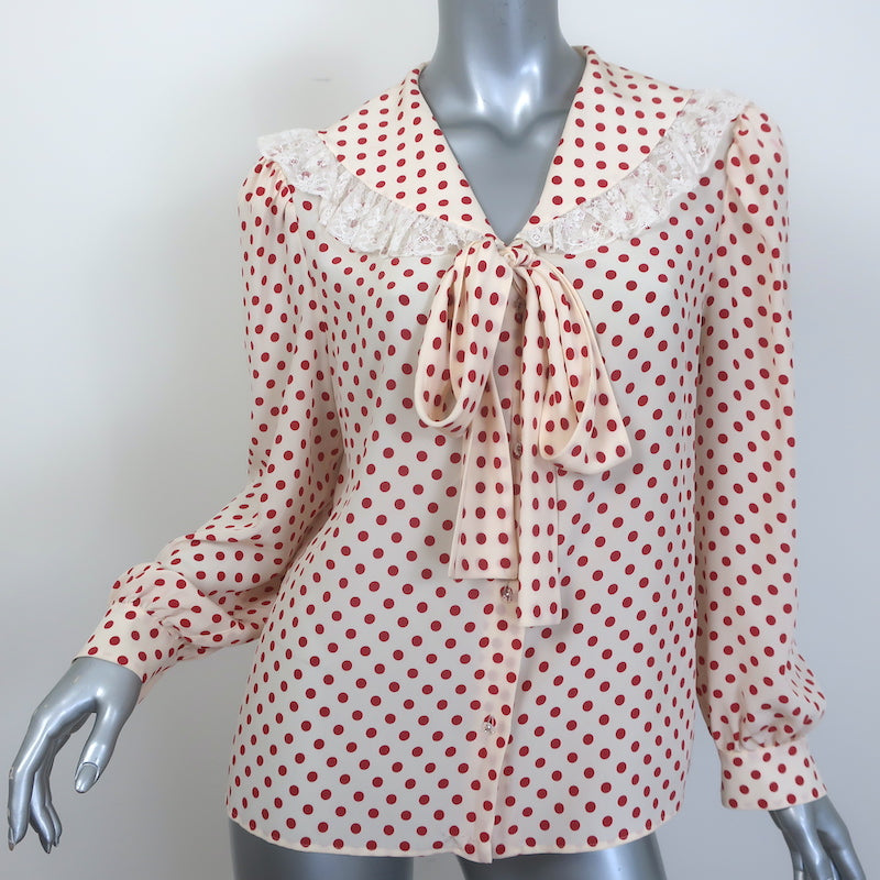Miu Miu Lace-Trim Collared Tie-Neck Polka Dot Blouse Cream/Red Silk Size 42