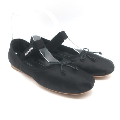 Miu Miu Logo Strap Ballet Flats Black Satin 