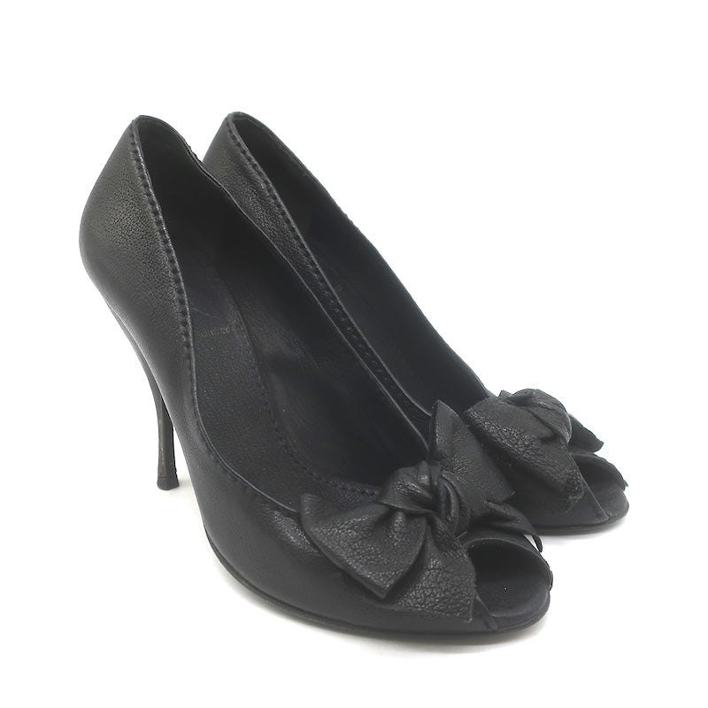 Miu Miu Peep Toe Bow Pumps Black Pebbled Leather Size 38