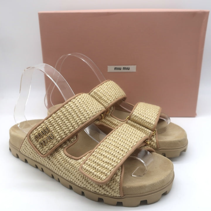Miu Miu Raffia Dual-Strap Slide Sandals Beige Size 38