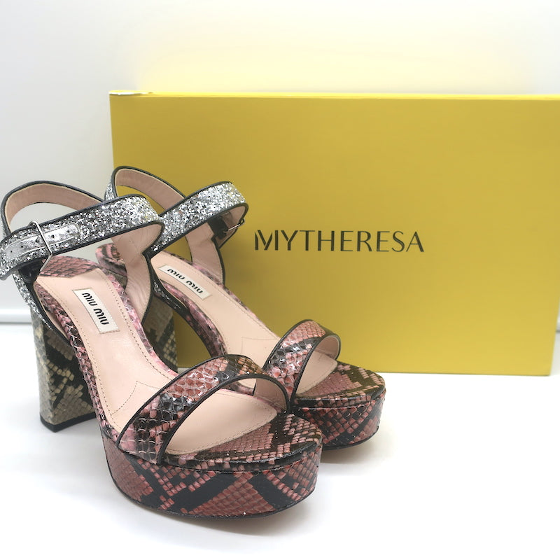 Miu Miu Snakeskin & Glitter Platform Sandals Pink/Silver Size 37.5
