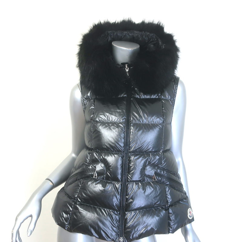 Moncler Anse Faux Fur-Collar Down Puffer Vest Gunmetal Size 0