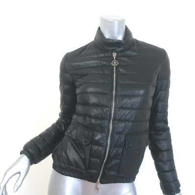 Moncler Delfi Leather Down Puffer Jacket Black Size 0
