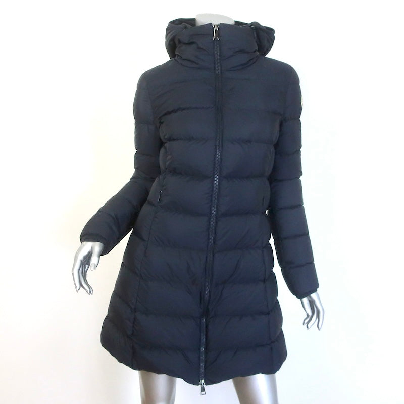 Moncler Gie Hooded Long Down Puffer Coat Dark Navy Size 1