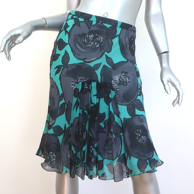 Moschino Cheap and Chic Ruffle-Front Skirt Aqua Floral Print Silk Size US 6