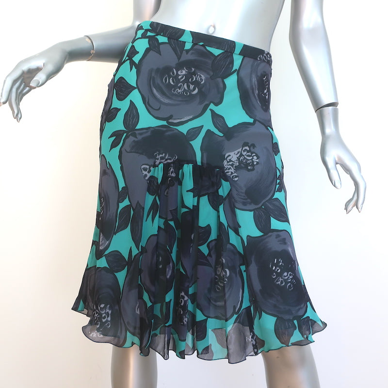 Moschino Cheap and Chic Ruffle-Front Skirt Aqua Floral Print Silk Size US 6