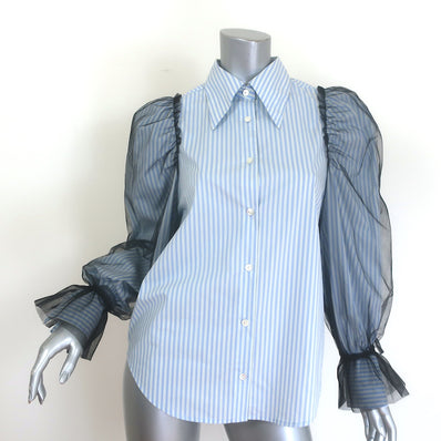 Moussy tulle-sleeve striped long-sleeve shirt in blue stretch cotton, one size, authentic pre-owned luxury piece