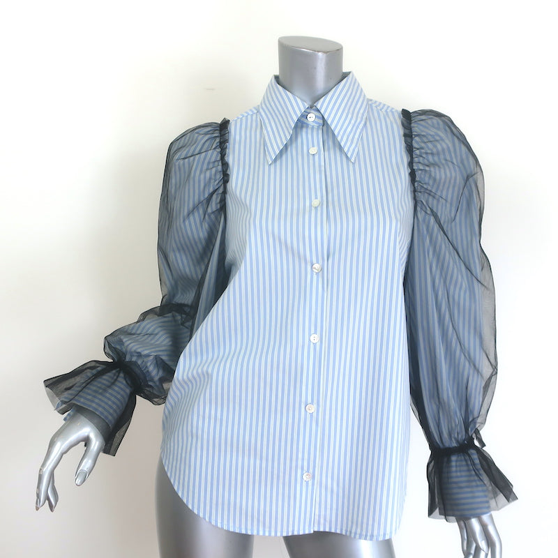 Moussy tulle-sleeve striped long-sleeve shirt in blue stretch cotton, one size, authentic pre-owned luxury piece