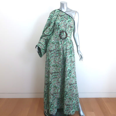 Nackiye Great Escape One Shoulder Maxi Dress Aqua Paisley Print Cotton Size 38