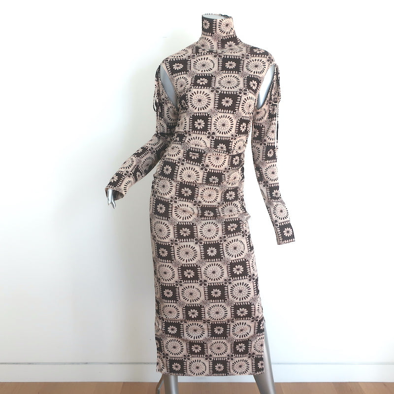 Nanushka Aleid Turtleneck Cutout Midi Dress Beige/Brown Daisy Print Size Large