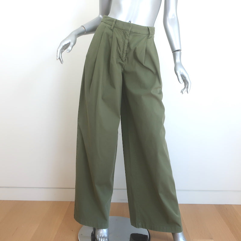 Nili Lotan Dillon Pleated Wide Leg Pants Army Green Stretch Cotton Size 0