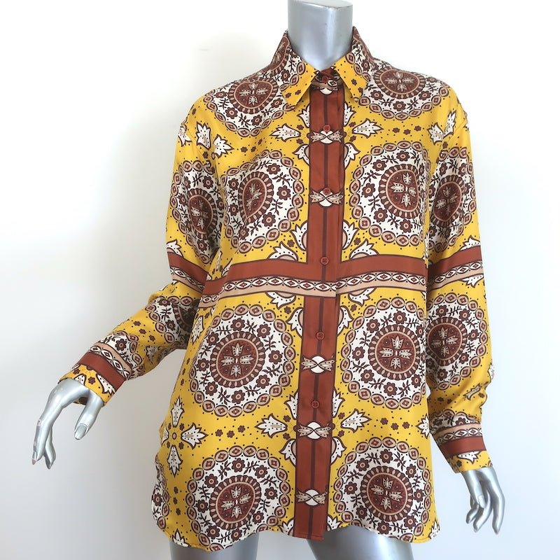 Nili Lotan Julien Shirt Yellow/Brown Paisley Print Silk Twill Size Small