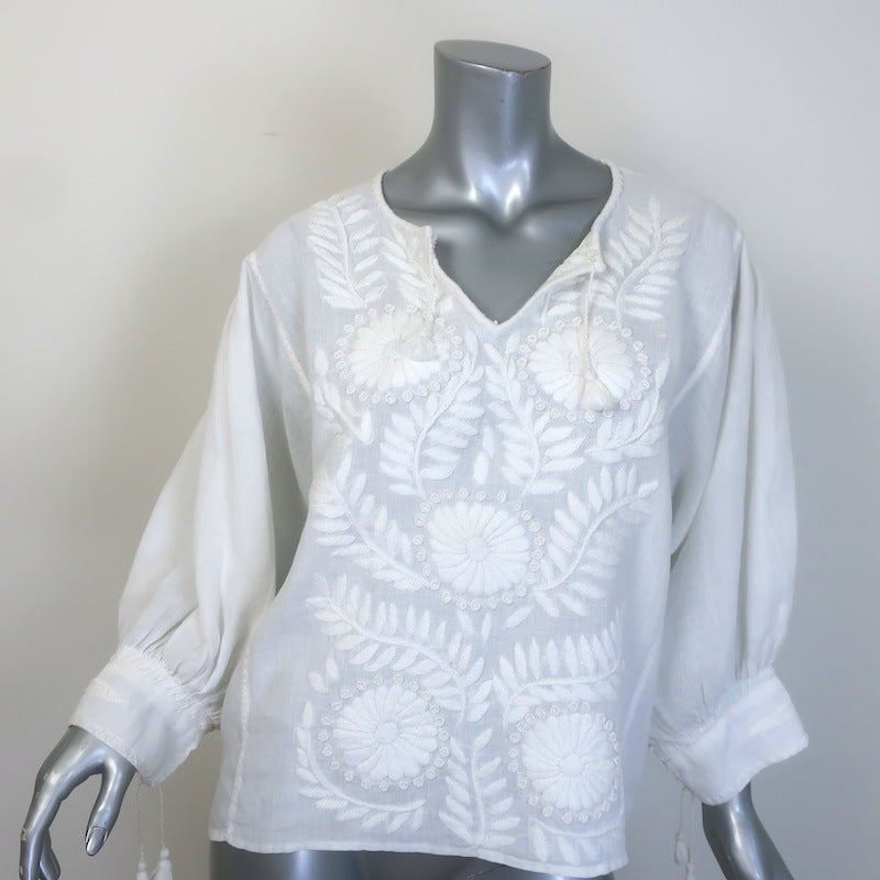 Nili Lotan Tassel-Tie Embroidered Peasant Blouse White Linen 