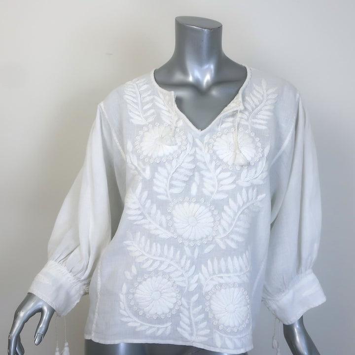 Nili Lotan Tassel-Tie Embroidered Peasant Blouse White Linen 