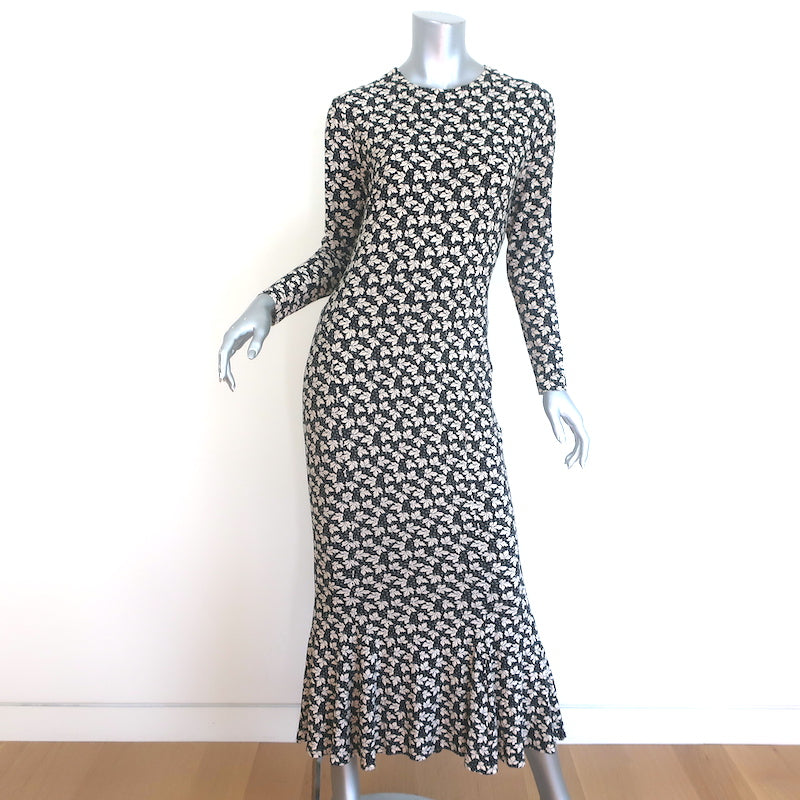 Norma Kamali Fishtail Midi Dress Black/White Leaf Print Jersey Size Small