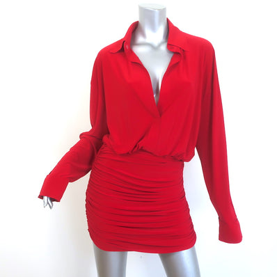 Norma Kamali Ruched Mini Shirt Dress Red Stretch Jersey Size Small