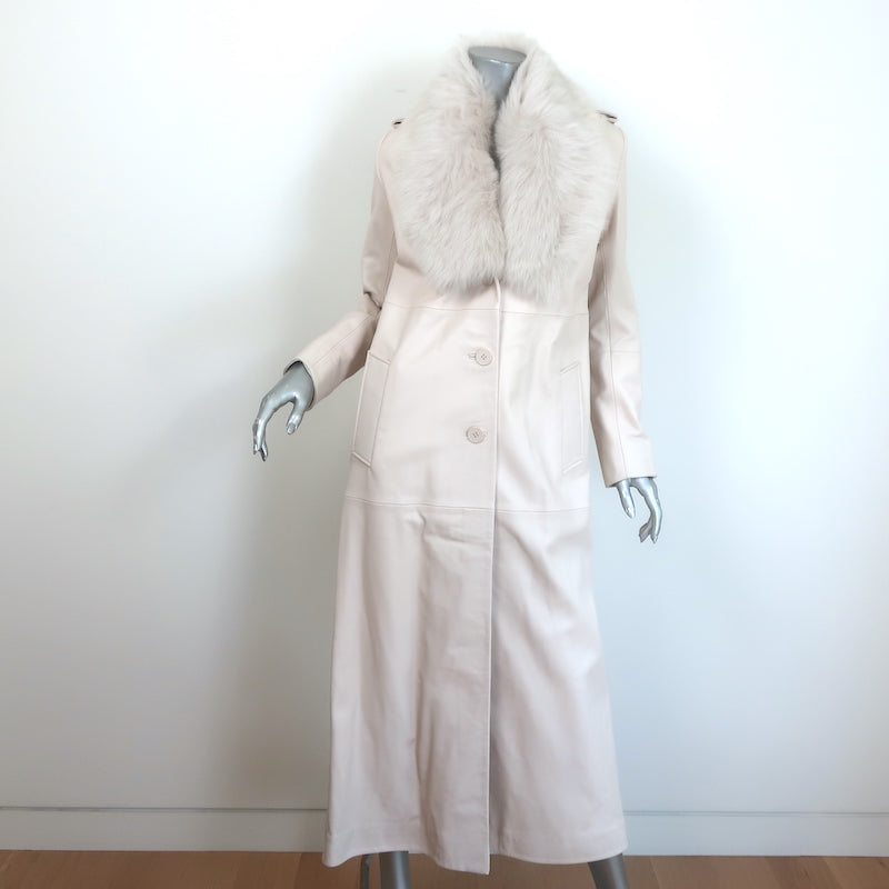 Nour Hammour Dakota Fur-Collar Long Leather Coat Powder Size 34 NEW
