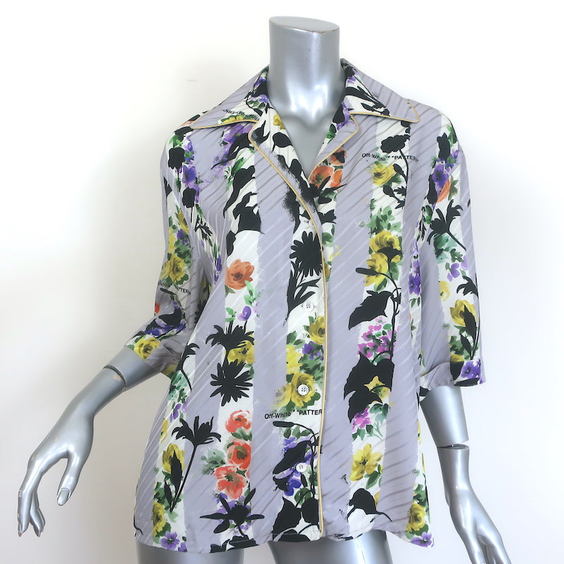 Off-White c/o Virgil Abloh floral-striped satin bowling shirt in light gray, pre-owned authentic, size 38