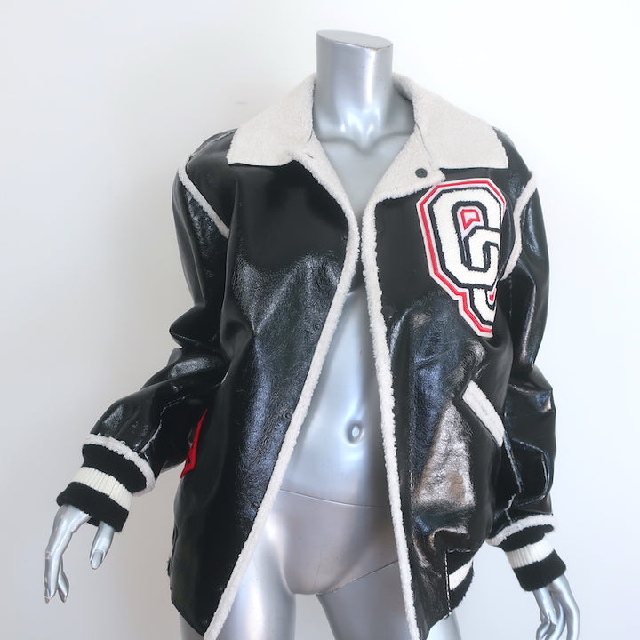 Opening Ceremony Shearling-Trim Varsity Jacket Black Faux Patent Size Small