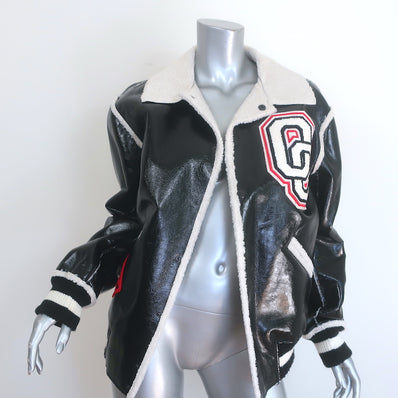 Opening Ceremony Shearling-Trim Varsity Jacket Black Faux Patent Size Small