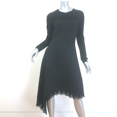 Oscar de La Renta Guipure Lace-Trimmed Asymmetric Dress Black Knit Size Medium