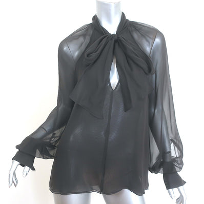 Oscar de la Renta Tie-Neck Chiffon Blouse Dark Brown Size 6 Long Sleeve Top