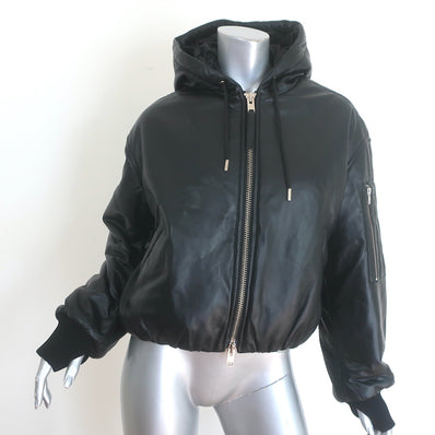 Oval Square leather hooded bomber jacket in black, size XS — pre-owned, gently worn authentic designer piece.
